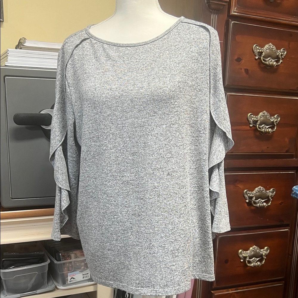 Clara Sun Woo Heather Gray Ruffle Sleeve Blouse